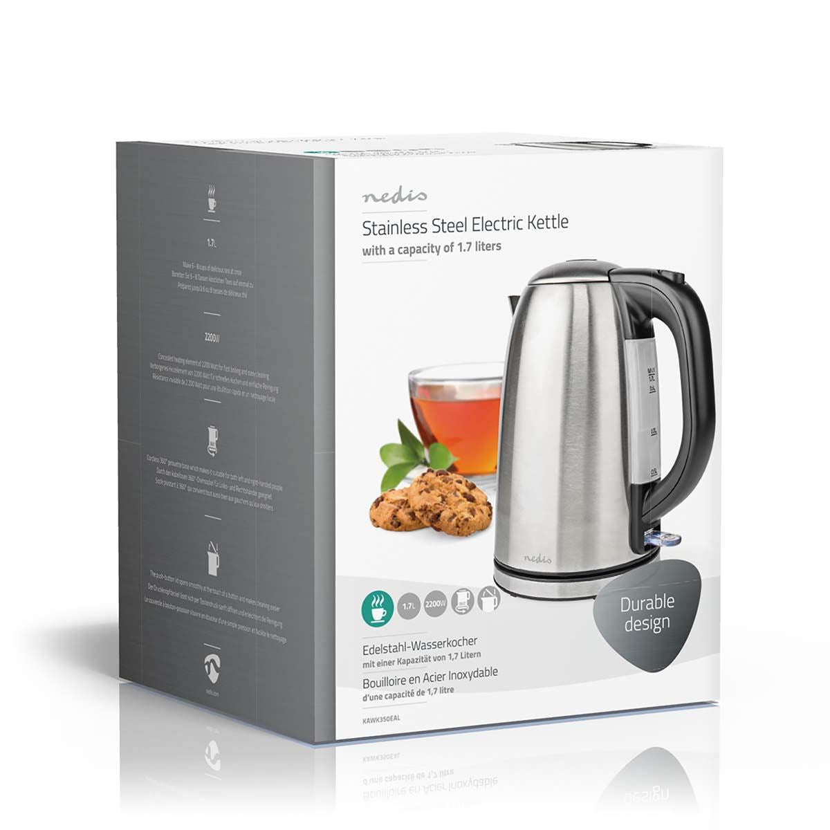 Nedis 1.7L Electric Kettle Cordless Silver 2200W Boil Dry Protection Auto Switch Off