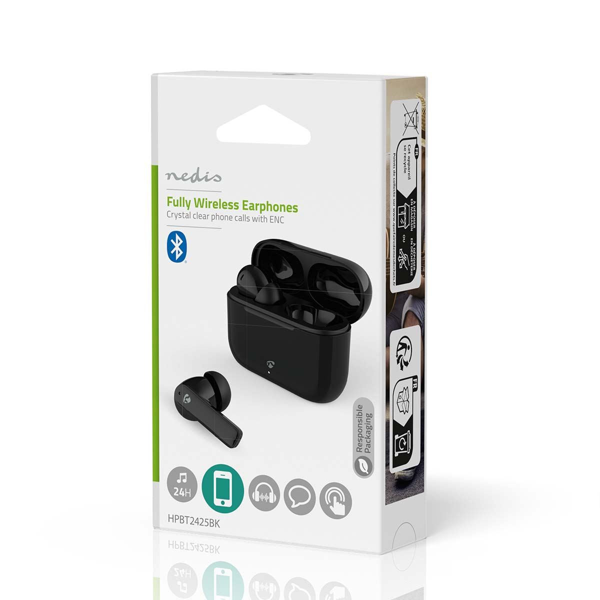 Nedis Fully Wireless Earphones Bluetooth, 5.2 ENC Noise Cancelling, In-Ear Headphones, 24H Playtime, Charging Case - Black