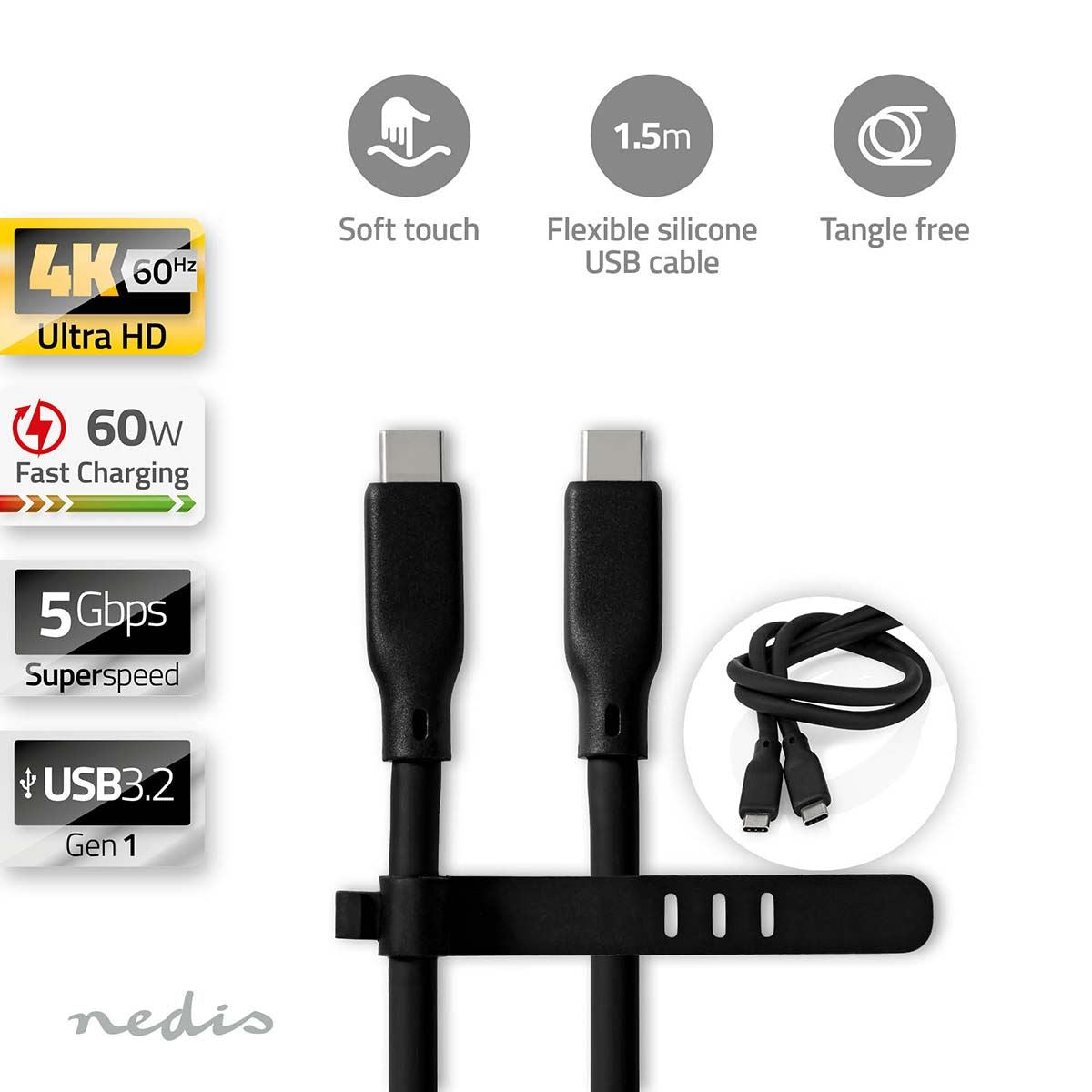 Nedis USB Cable | USB 3.2 Gen 1 | USB-C™ Male | USB-C™ Male | 60 W | 8K@30Hz | 5 Gbps | Nickel Plated | 1.50 m | Round | Silicone | Black | Box