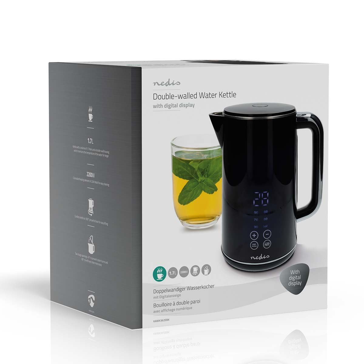 Nedis Electric Kettle 1.7L, Digital Temp Control 50-100oC, Keep Warm Function, 360 Degree Cordless Base, Black