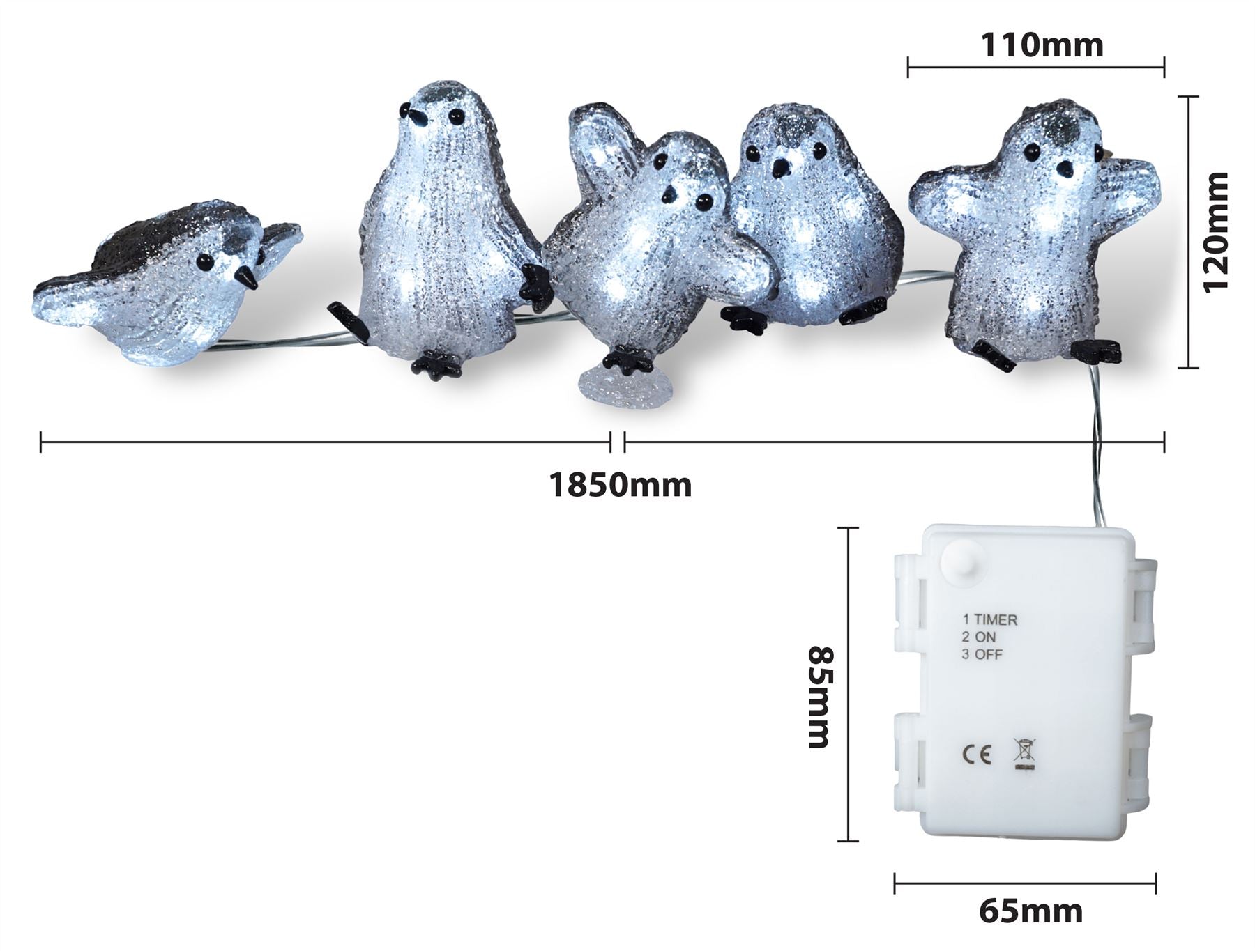 Set of 5 Acrylic Outdoor/Indoor Christmas Penguins Battery Operated with 8 LED Light's Per Birds and On/Off Timer