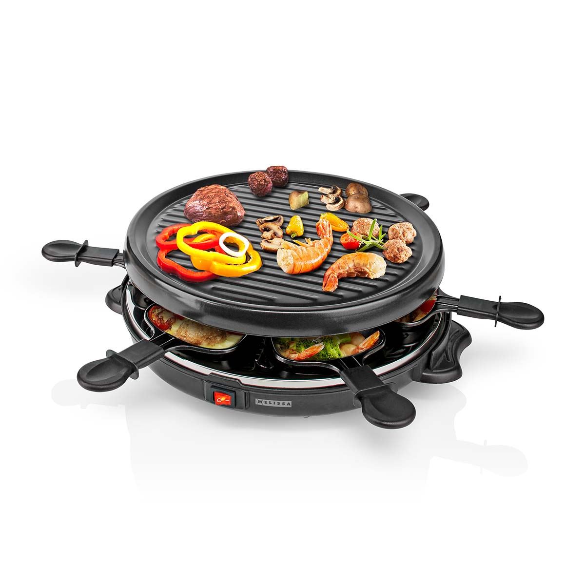 MELISSA Electric Raclette Gourmet Grill, 6 Person Indoor Non-Stick Tabletop Cooker, Removable Round Hot Plate, with 6 x Mini Cheese Pans & Spatulas, 800W