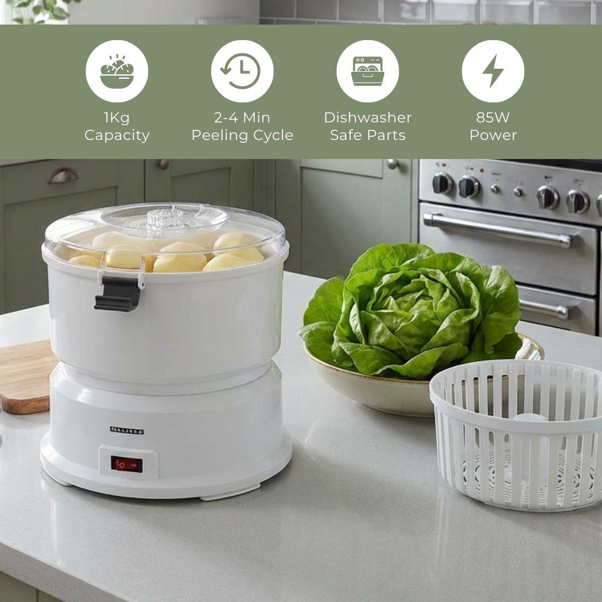 MELISSA 85W Electric Potato Peeler Machine 1KG Potato Rumbler Electric with Container for Peeling Potatoes and Spin Drier Salad/Vegetables to Remove Excess Water