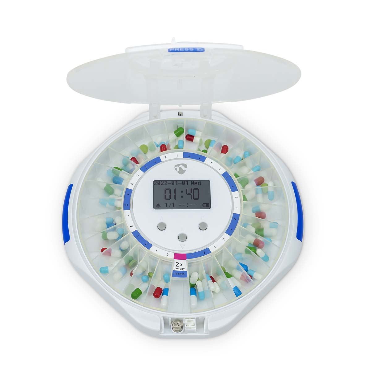 Nedis Smart Wi-Fi Pill Dispenser, 28 Compartments, 9 Daily Alarms, LCD Display, Locking Cover, Sliding Door, Medication Organiser for Vitamins & Supplements, Compatible with SmartLife App � White