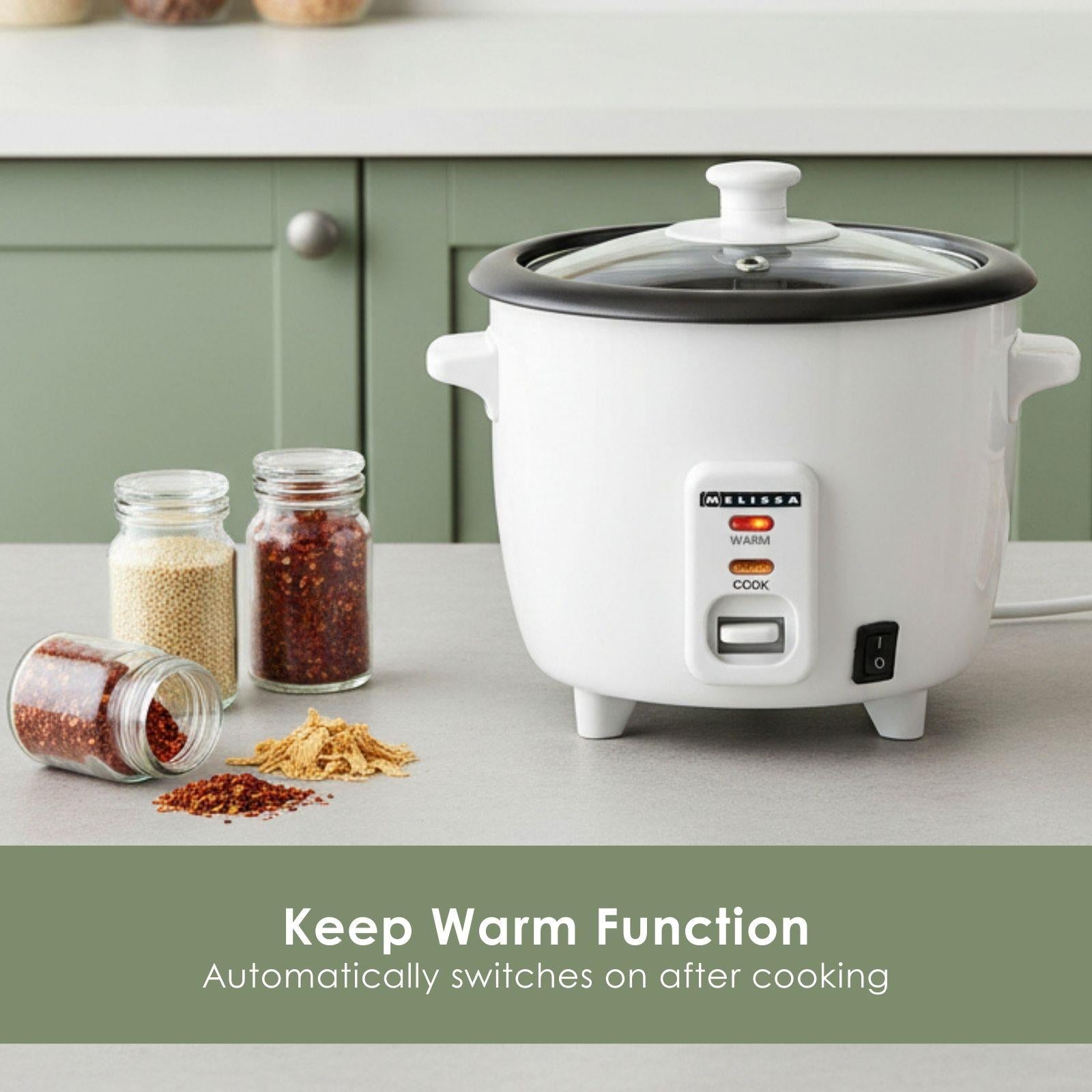 MELISSA 0.6L Rice Cooker & Steamer with Keep-Warm Function, 300W, for 1-2 People, Quick Preparation Without Burning, Non-Stick Coating incl. Steamer Insert