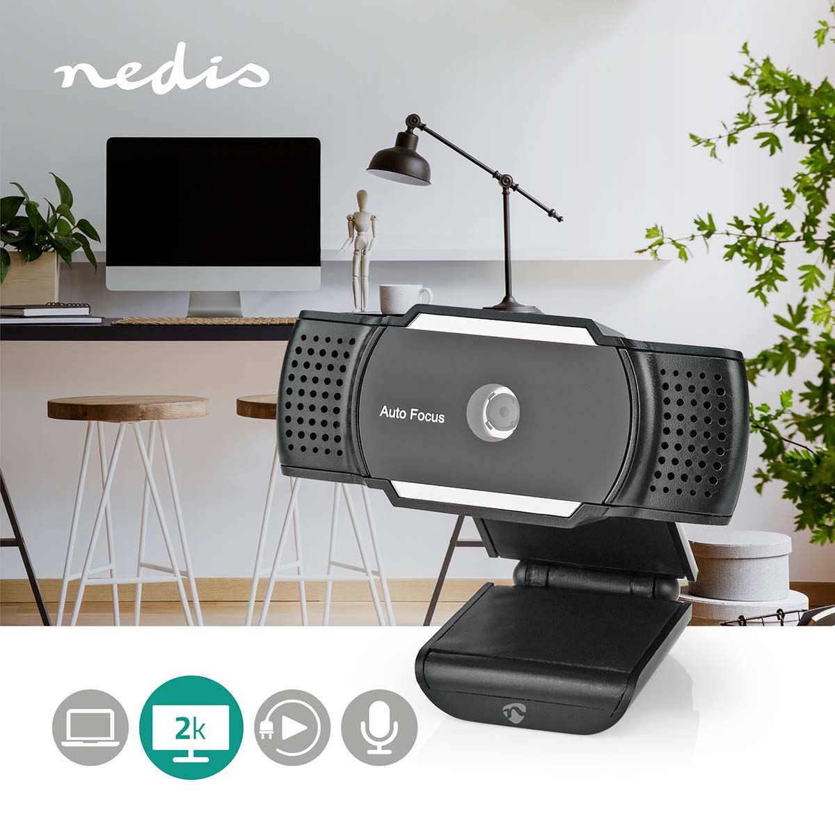 Nedis Webcam | 2K@30fps | Auto Focus | Built-In Microphone | Black