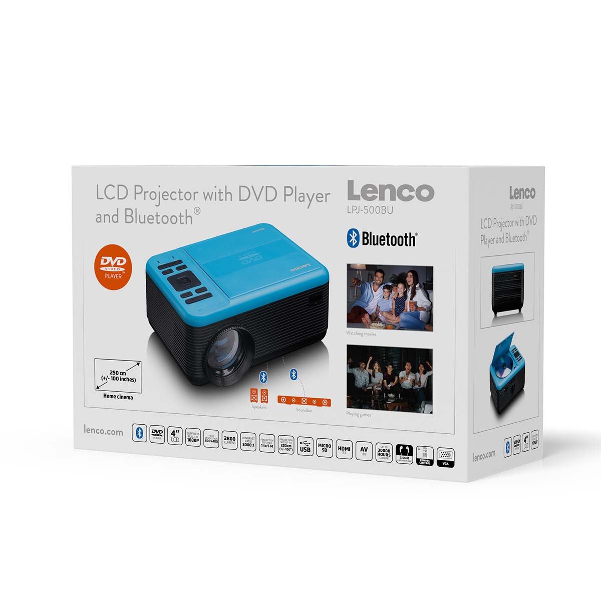 Lenco LCD Projector, DVD Player & Bluetooth® with high resolution, supports Full HD 1080P content Blue