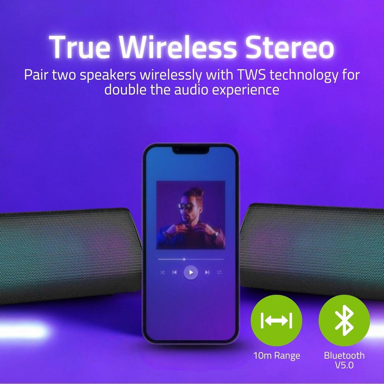 Nedis Bluetooth Speaker, 2.0 Channel 18W Wireless with RGB LED, Tilted Table Design, TWS, Built-In Mic, USB-C, Aux-In, 6-Hour Battery, Lightweight & Portable � Black