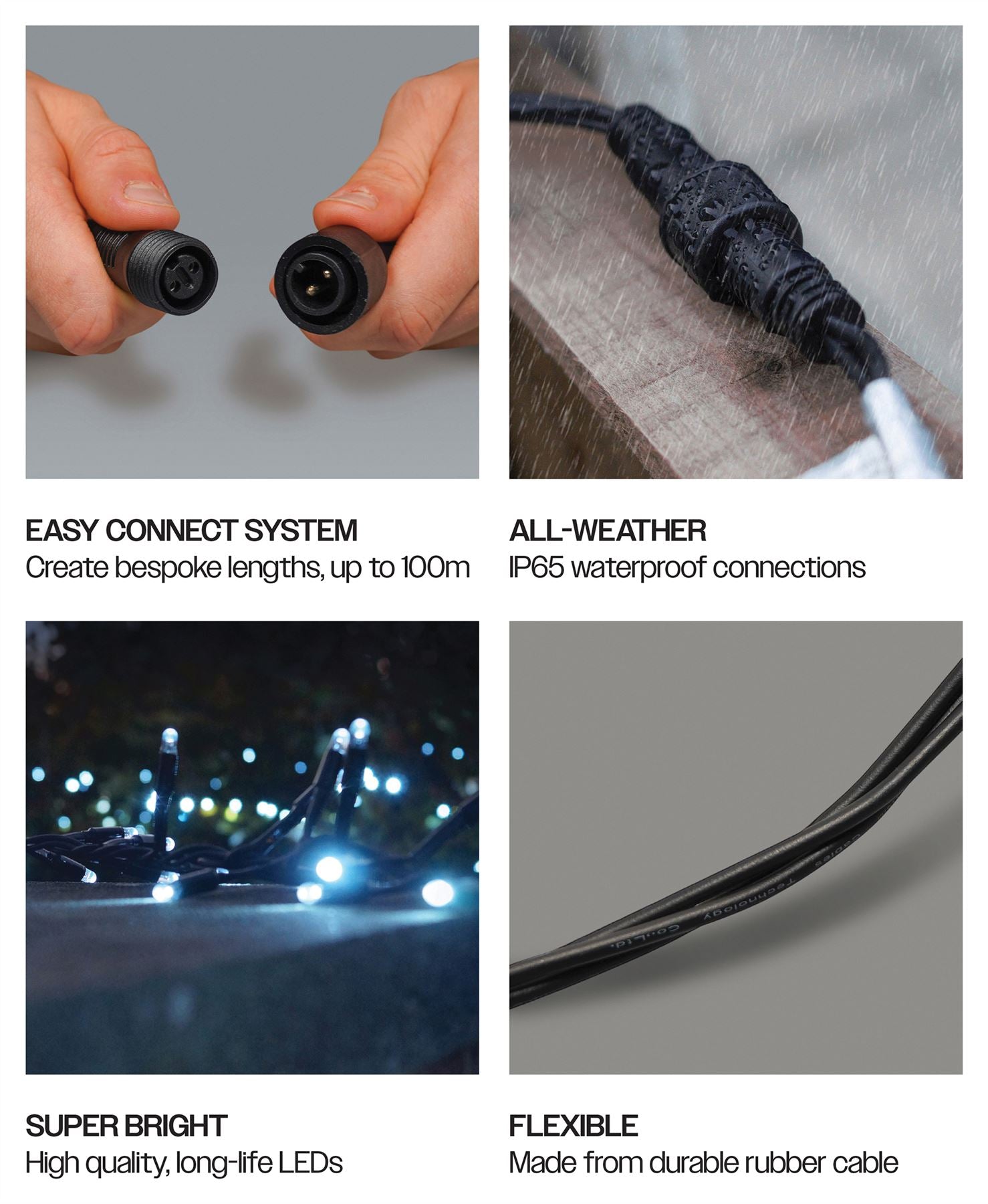 5m Easy-Connect Cool White 250 LED Cluster String Lights With Interconnectable Black Rubber Cable