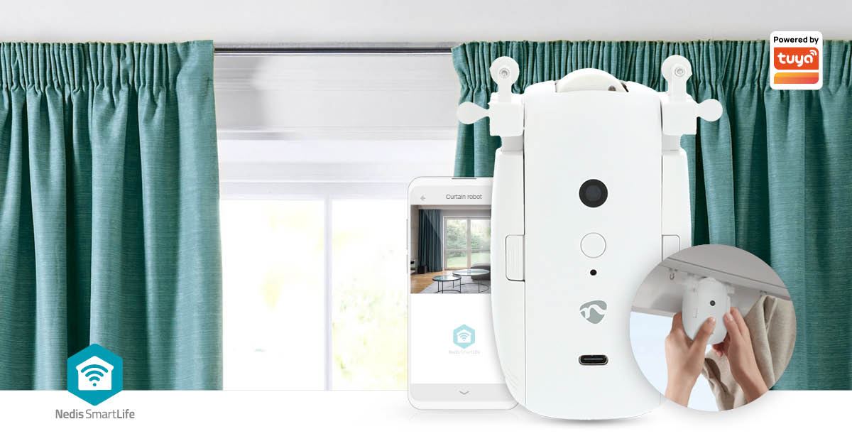 Nedis SmartLife Battery Powered / USB Powered Automatic SmartLife Curtain Robot Opener Bluetooth Cable System / U Rail  Voice Control  Timer 4000 mAh White