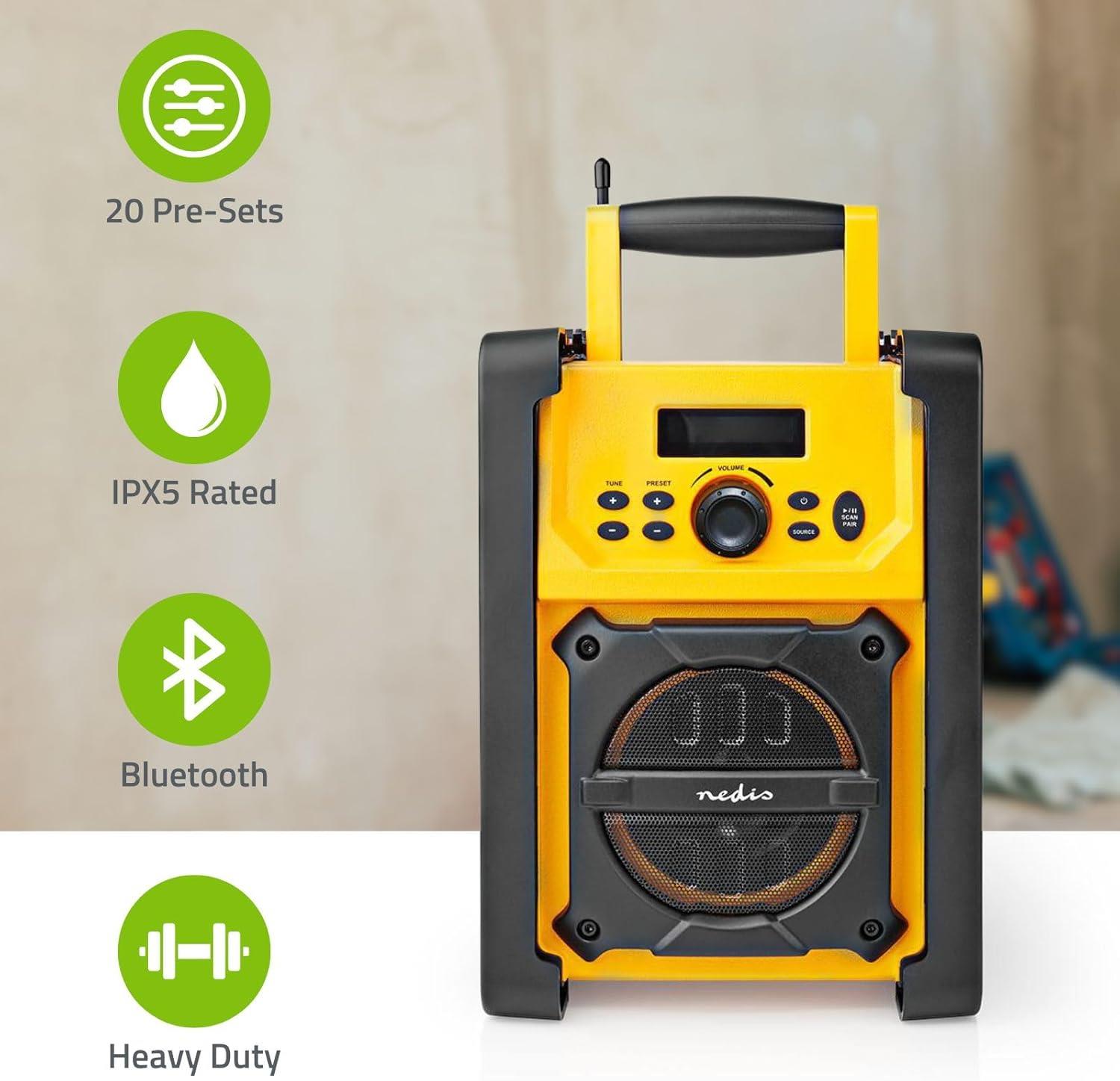Nedis FM Radio | Jobsite Radio | FM | Battery Powered / Mains Powered | Digital | 15 W | Screen size: 2.2 " | Blue White Screen | IPX5 | Carrying handle | Black / Yellow