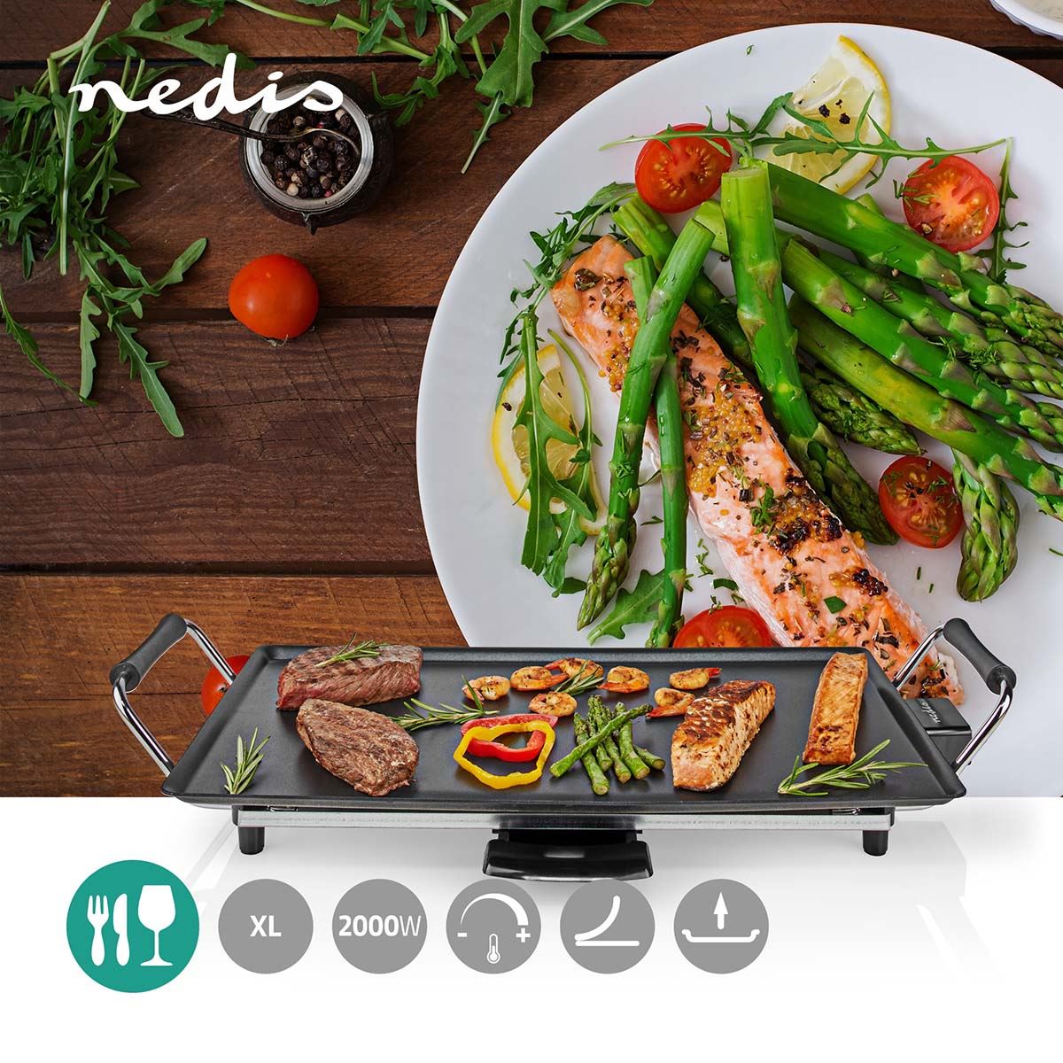 Nedis Electric Non Stick Teppanyaki Table Top Grill Griddle Plate BBQ with Drip Tray - 47.5cm x 26.5cm