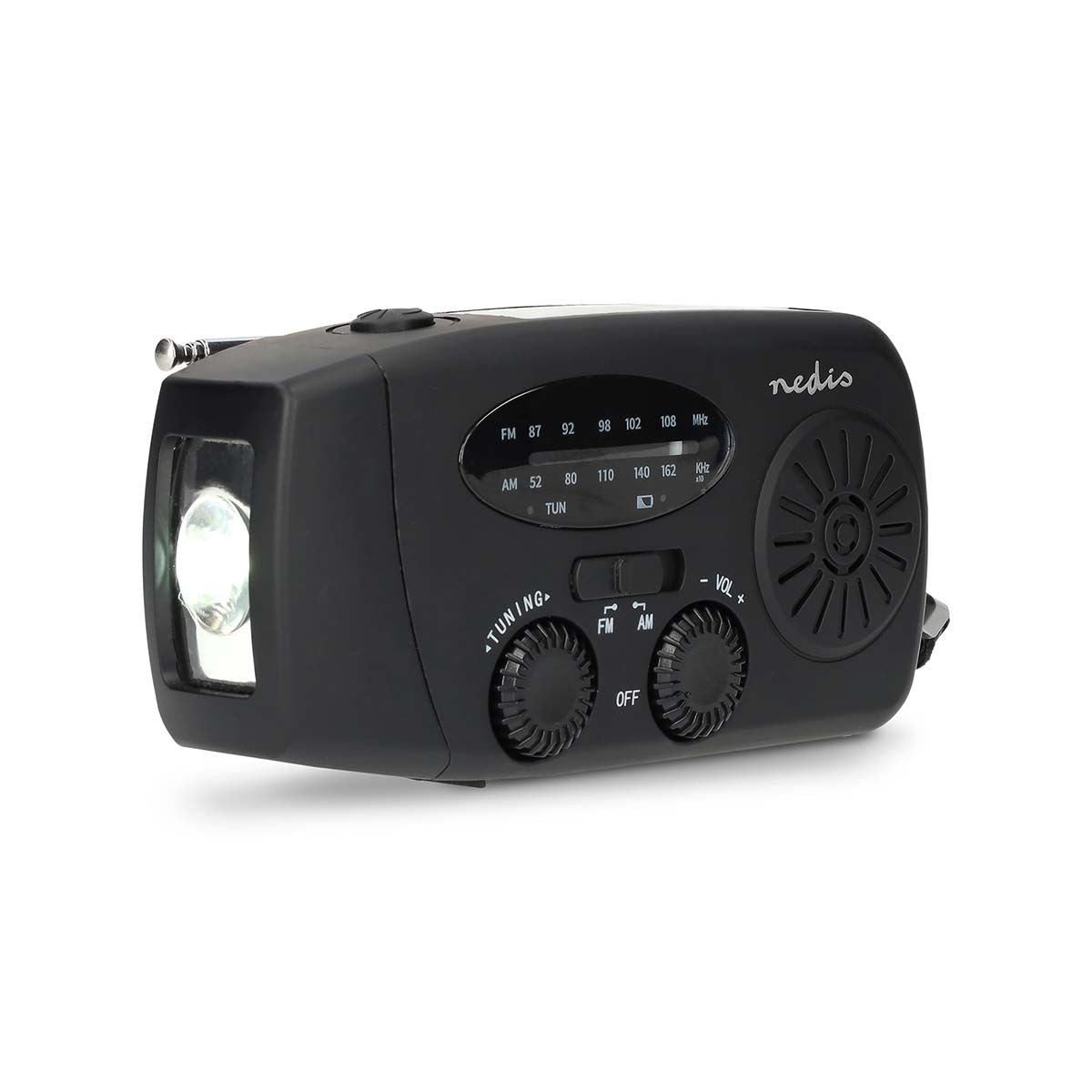 Nedis Portable Emergency AM/FM Wind Up Radio, with Solar Panel & Hand Crank, LED Torch, SOS Light and Rechargeable 2000mAh USB Powerbank - Black