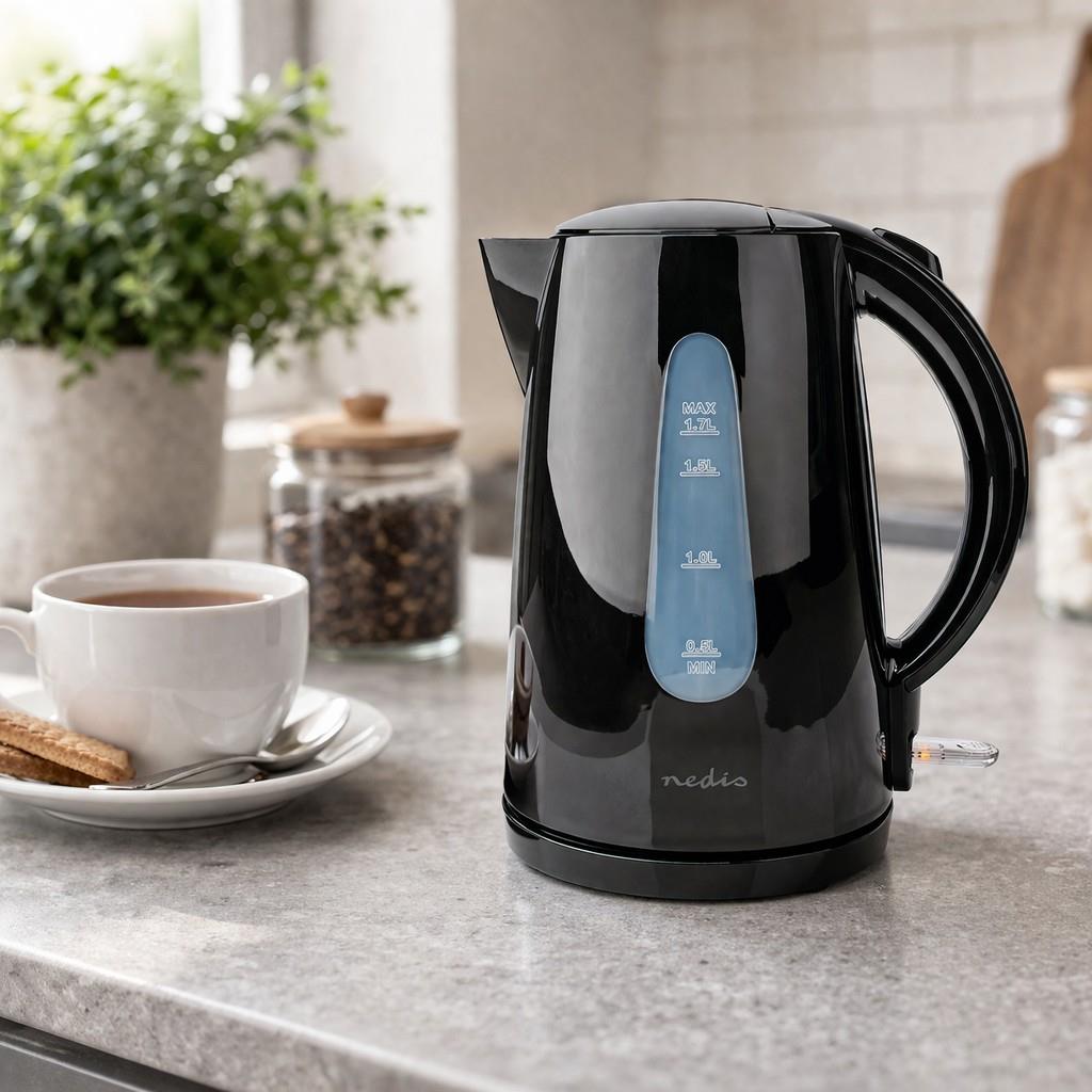 Nedis Electric Kettle | 1.7 l | Plastic | Black | Rotatable 360 degrees | Concealed heating element | Strix® controller | Boil-dry protection