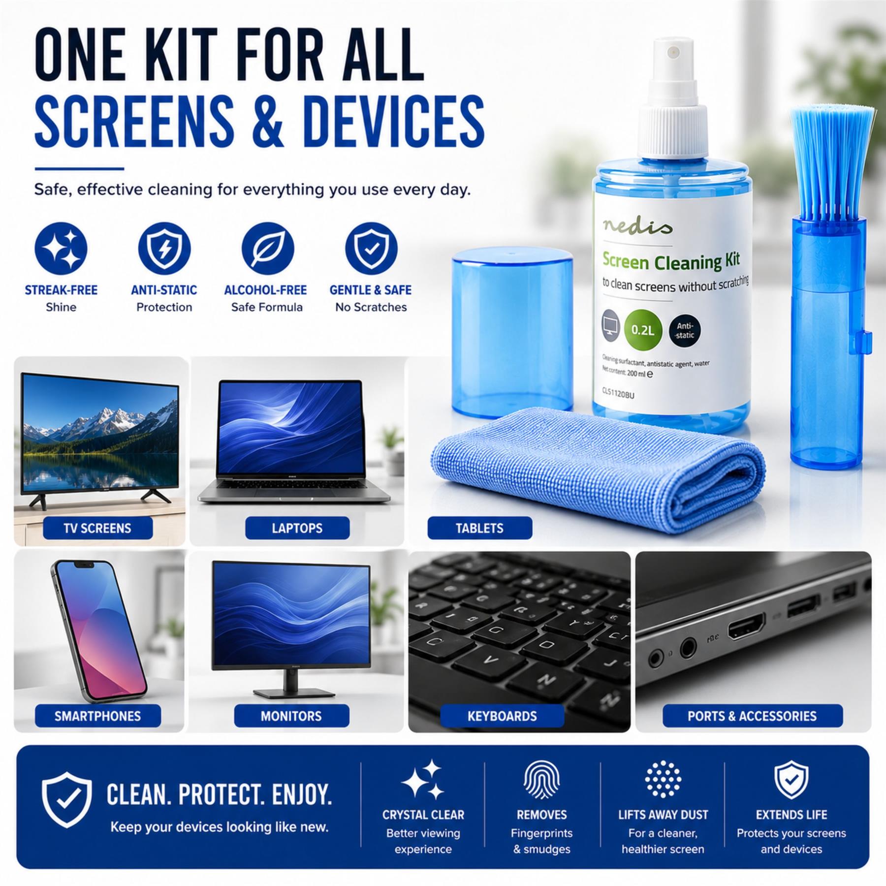 Nedis Screen Cleaner Kit for TV, PC, Smartphone & Tablet, 200 ml Spray, Brush & Pearl Cloth