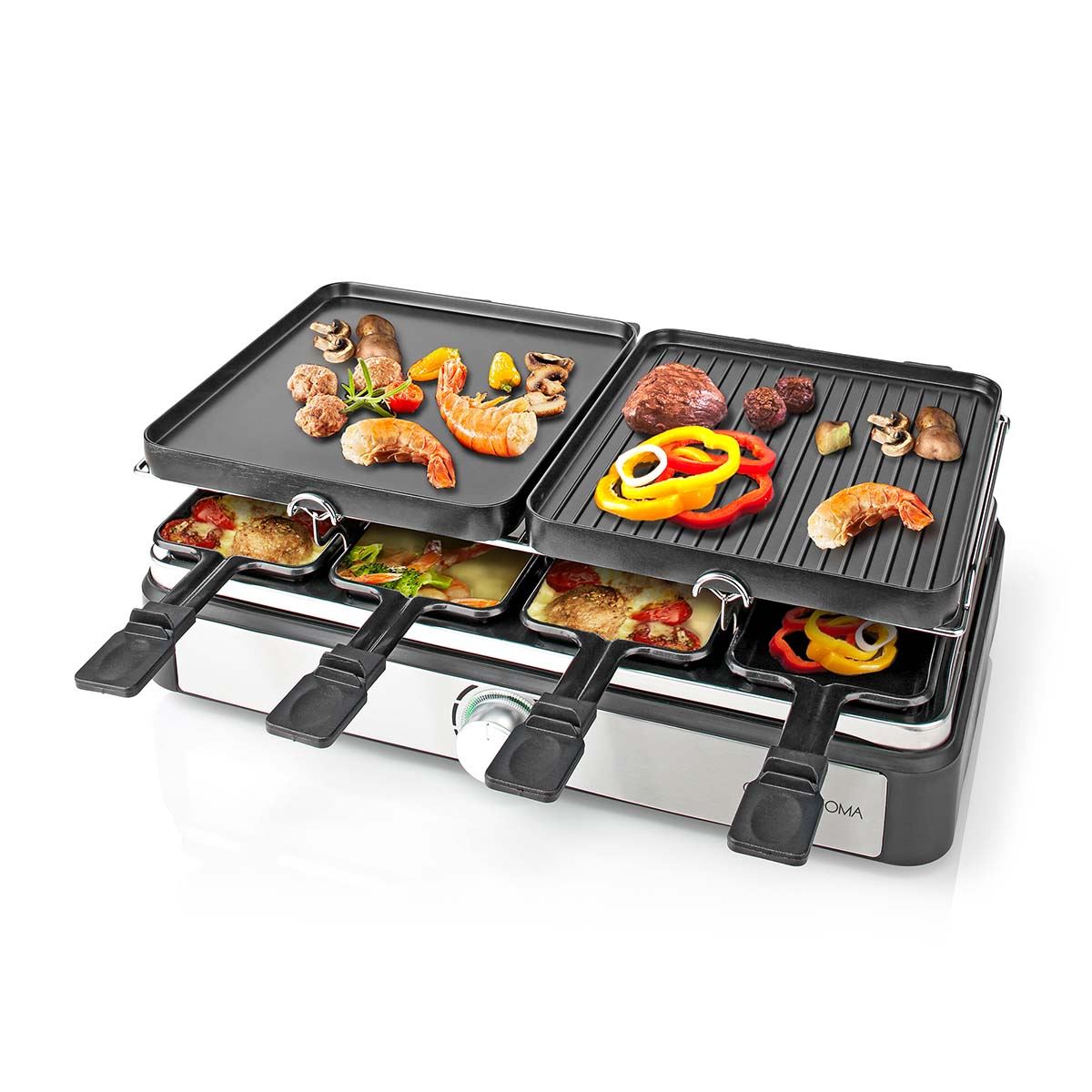 Gastronoma Electric Raclette Gourmet Stone Grill, 8 Person Indoor Non-Stick Tabletop Cooker, Removable Hot Plate, Adjustable Thermostat, with 8 x Mini Cheese Pans & Spatulas, 1400W