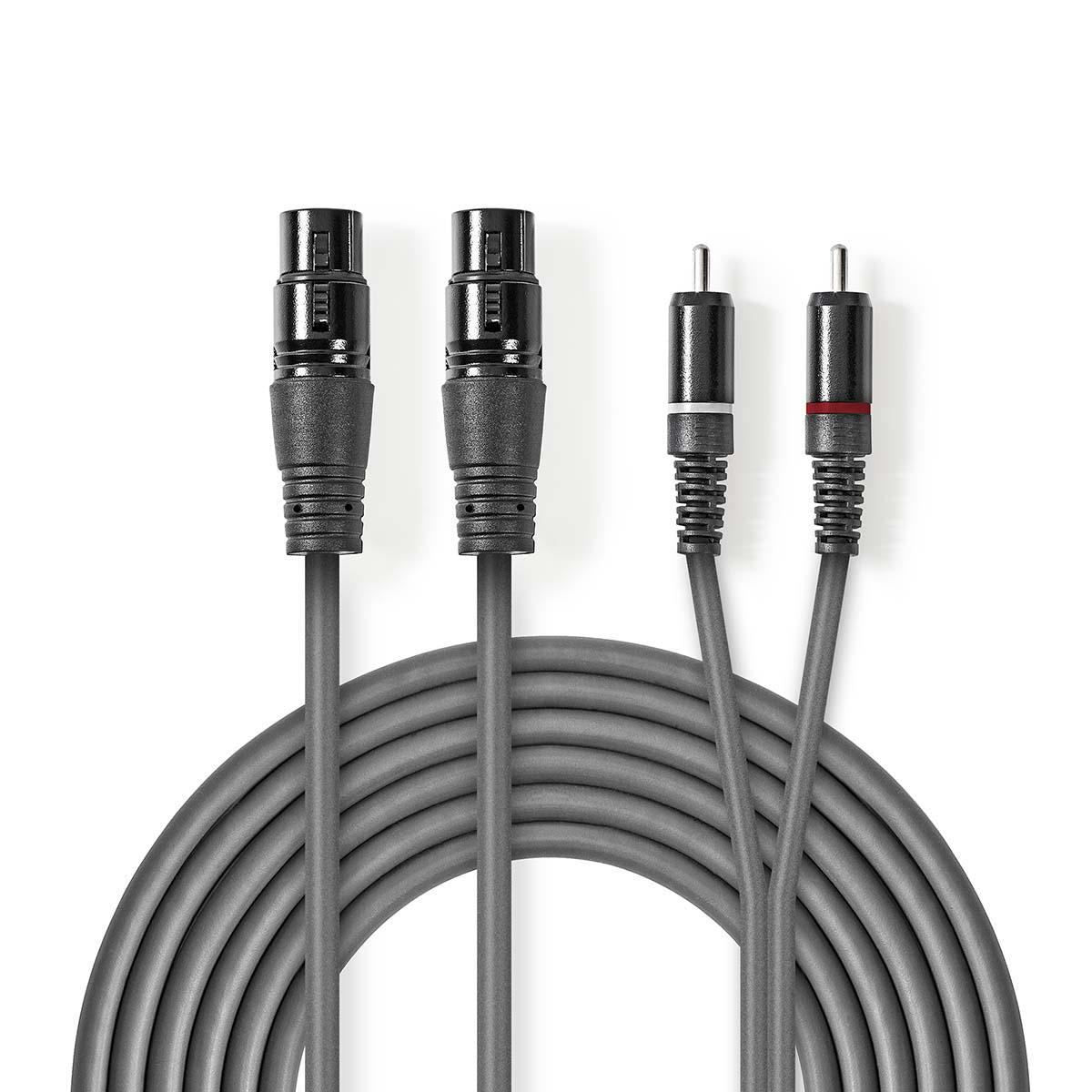 Nedis Balanced Audio Cable | 2x XLR 3-Pin Female | 2x RCA Male | Nickel Plated | 1.50 m | Round | PVC | Dark Grey | Carton Sleeve