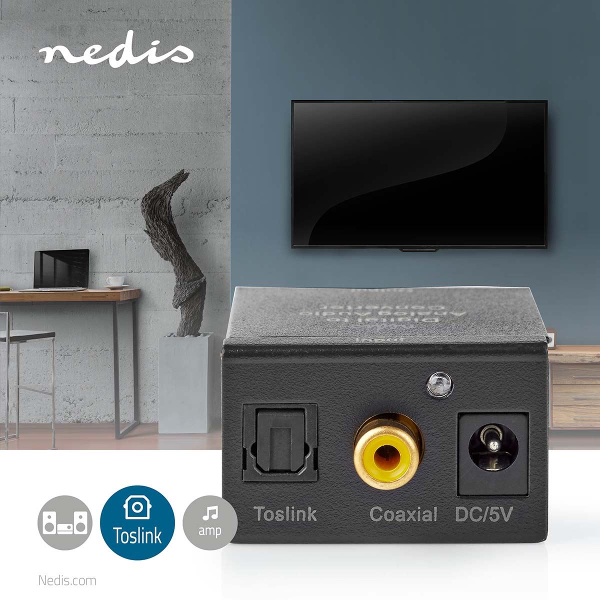 Nedis Digital Audio Converter | 1-way | Connection input: 1x Digital RCA / 1x TosLink to Connection output: 1x (2x RCA) / 1x 3.5 mm | Automatic | Integrated amplifier | Black