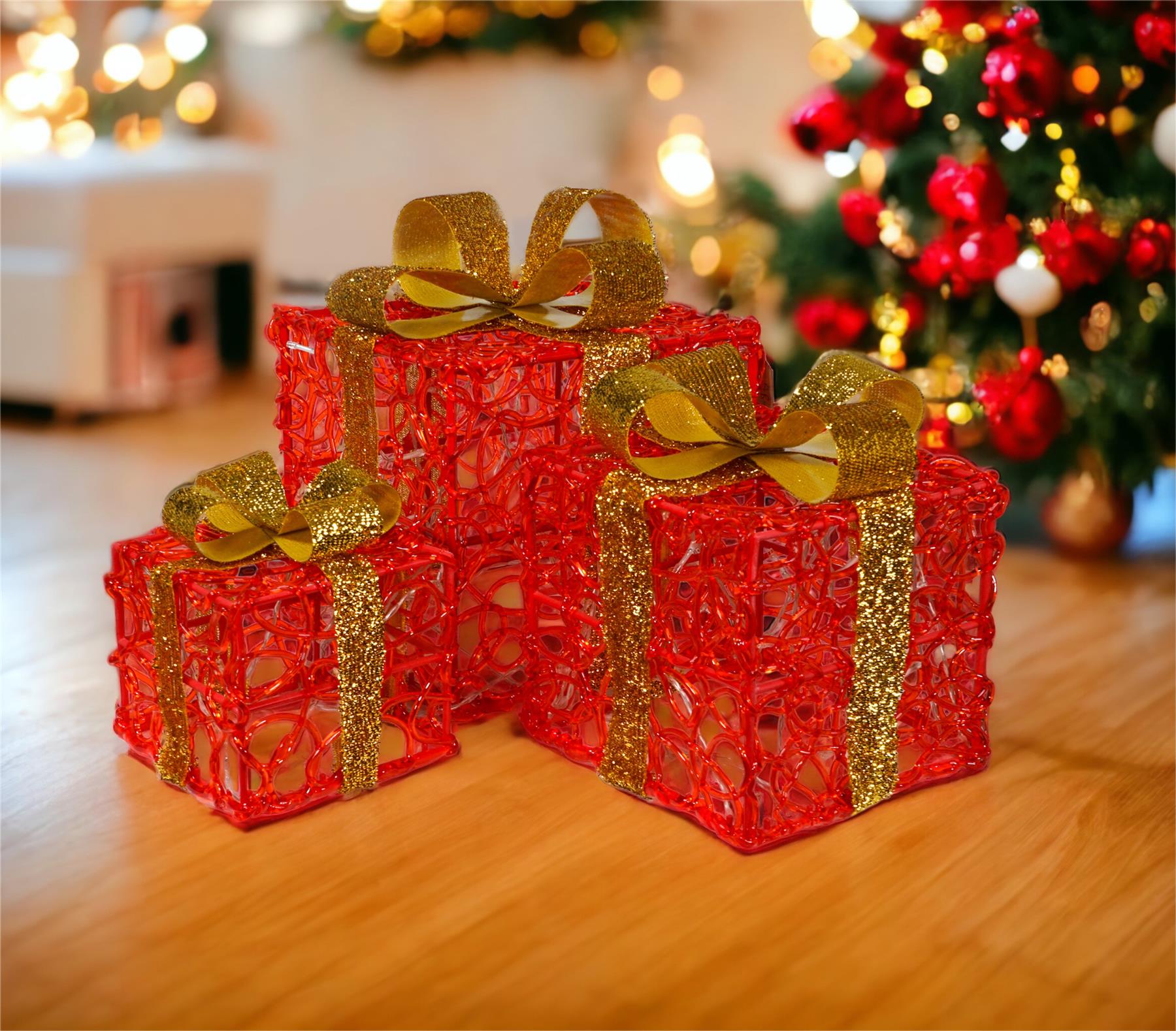 Set of 3 LED Light Up Christmas Gift Present Box Decoration Battery Operated With Timer 8 Patterns and 60 LED's - Red