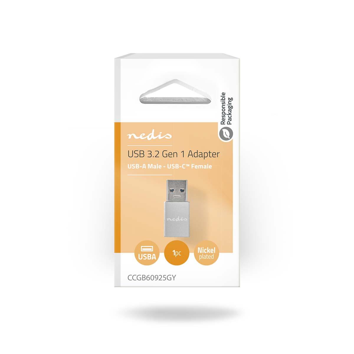 Nedis USB-A Adapter | USB 3.2 Gen 1 | USB-A Male | USB-C™ Female | 5 Gbps | Round | Nickel Plated | Black | Box