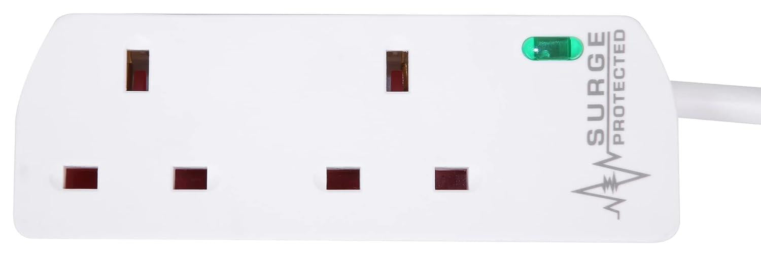 2 Gang 10m Mains Extension Lead Socket 13A Surge Protected - White