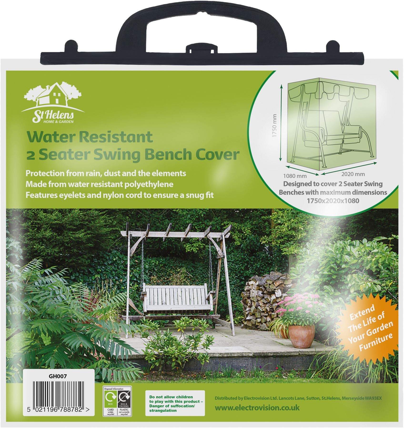 Water Resistant 2 Seater Swing Bench Cover H: 1750mm W: 2020mm D: 1080mm