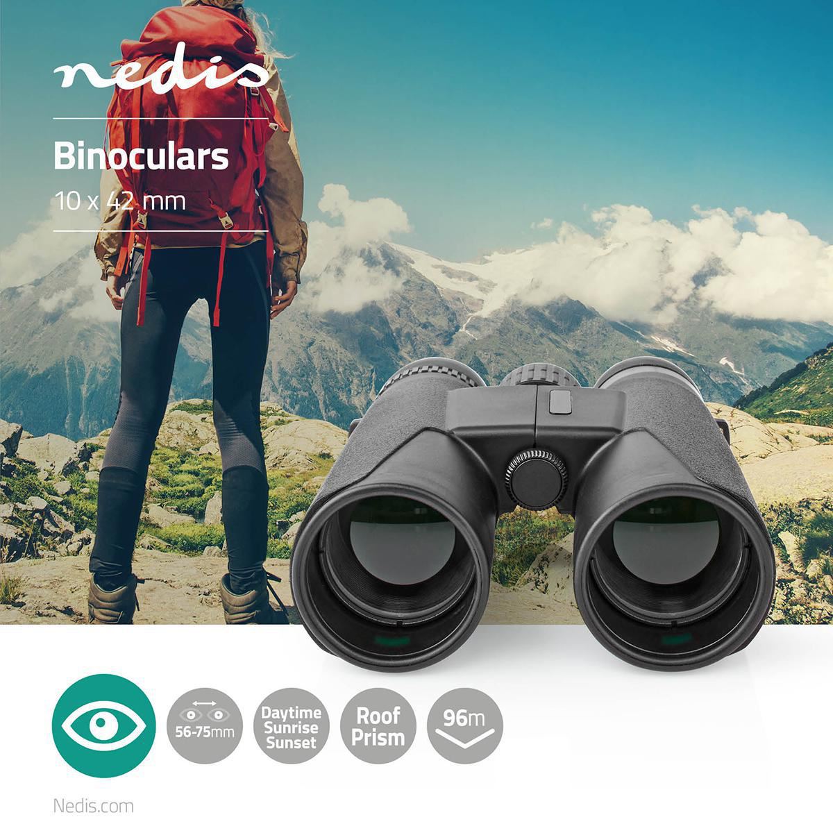 Nedis Binoculars 10x42 Roof Prism, Lightweight Travel Model with Rubber Grip, Dioptric Correction & 12mm Eye Relief for Spectacle Wearers, Black, Blue Lens