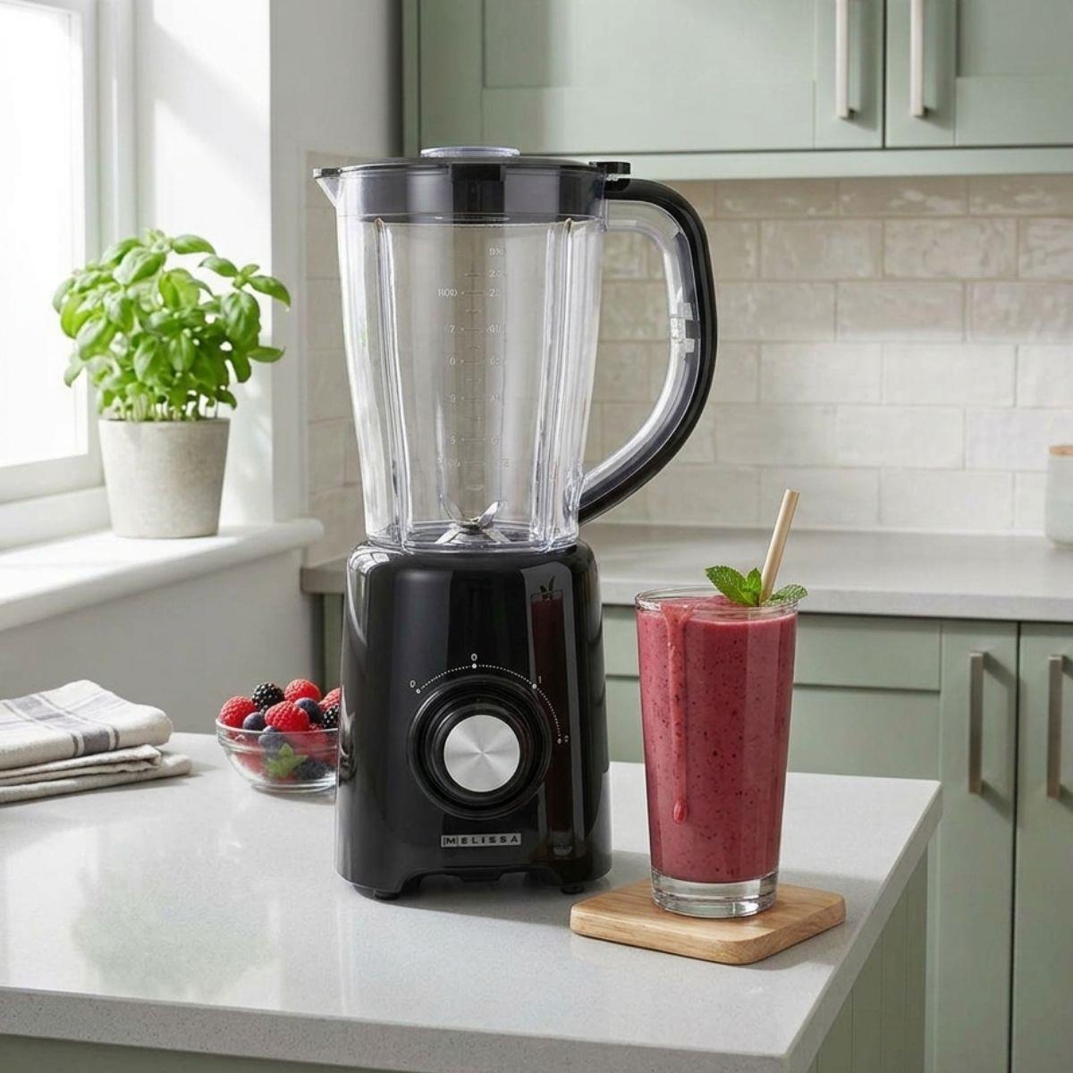 MELISSA Table Top Blender, 800W, with 1.5L Plastic Jug, 2 Speed Settings and Pulse Function, Ideal for Fruit Juice, Vegetables, Soup, Smoothies, Protein Shakes and more - Black