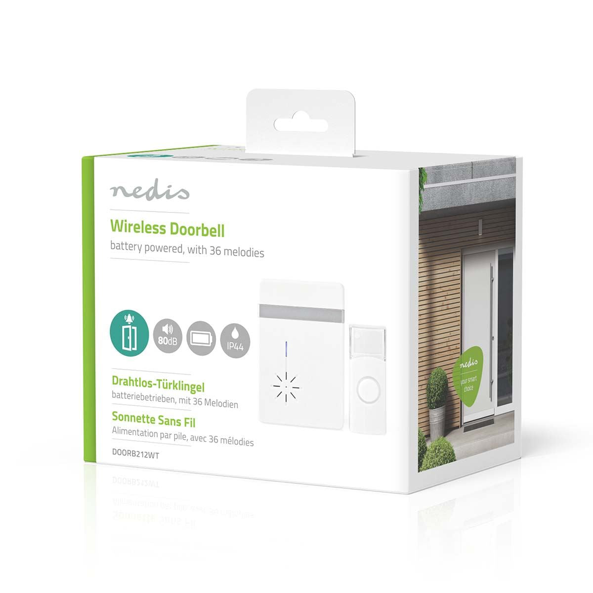 Nedis Wireless Doorbell, Battery Powered Cordless Door Chime Kit with 300m Range, 36 Chimes, Blue LED and 80dB Volume - White