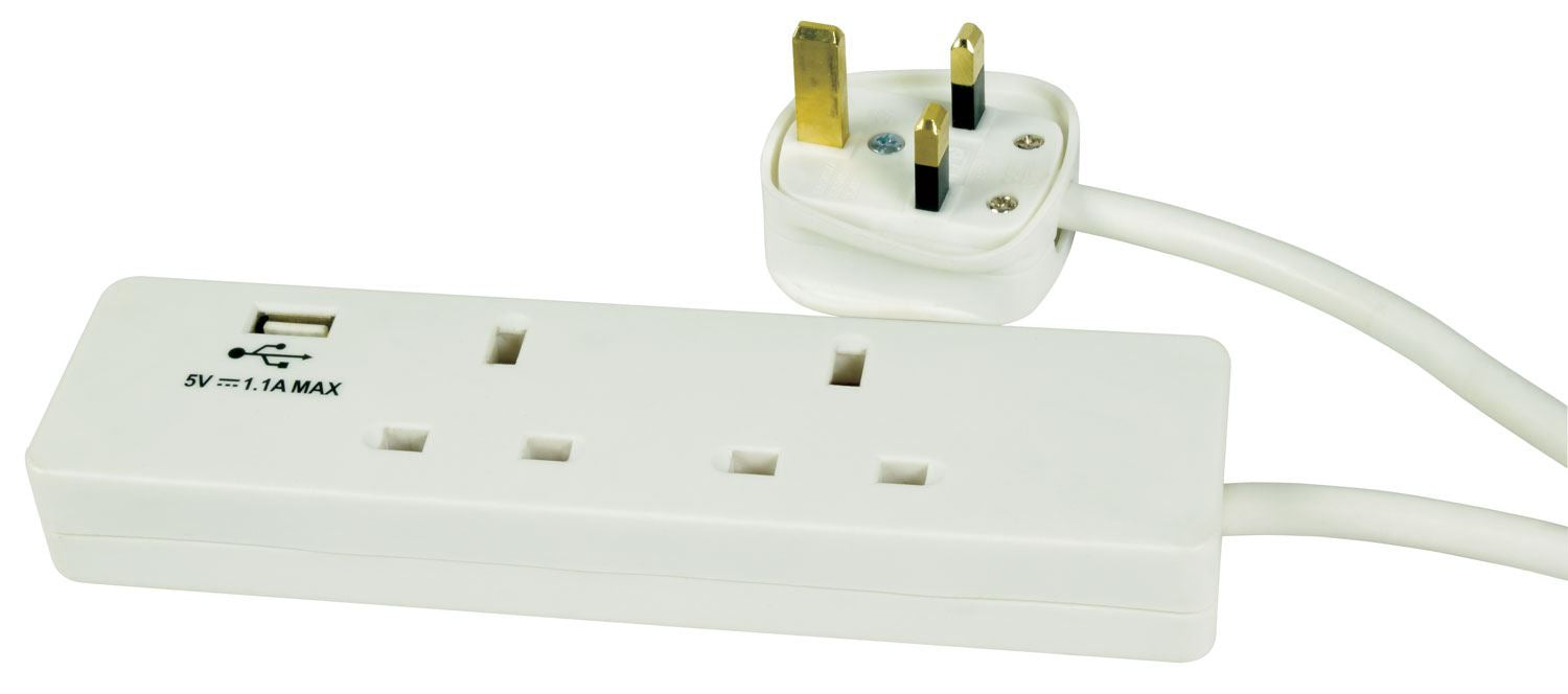 2m Desktop Mains Extension 2 Gang with USB Charger Port - White
