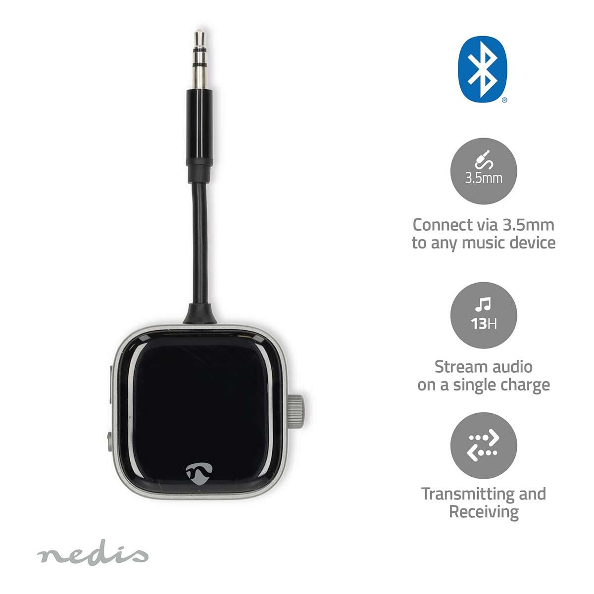 Nedis Bluetooth® Transmitter Receiver | Audio / video / data connections input: USB-C™ Female | Audio / video / data connections output: USB-C™ Female | SBC | Up to 2 Devices | Maximum battery play time: 13 hrs | Black