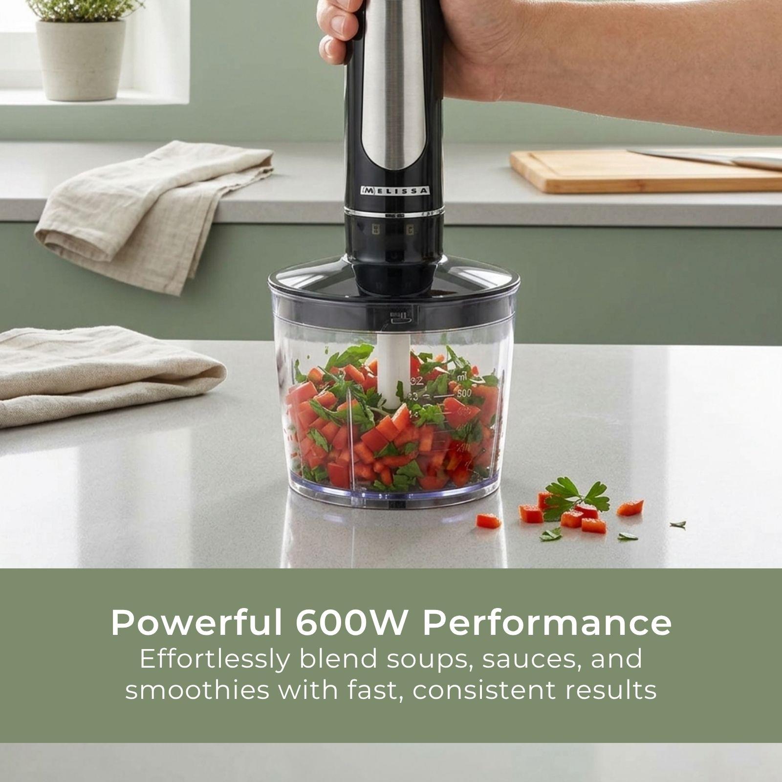 MELISSA 600W Hand Blender, Handheld Stick Immersion Mixer with Stainless Steel Blades, Ideal for Smoothies Shakes Baby Food Soup Purees & Sauces