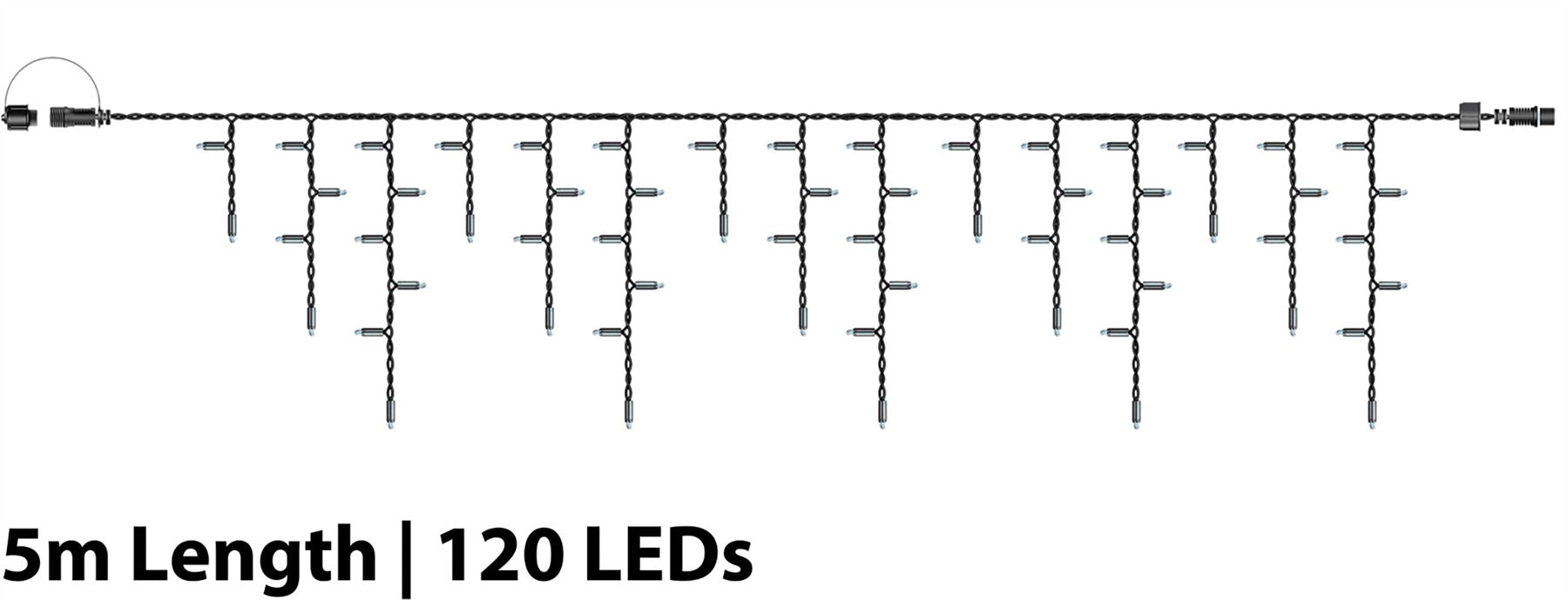 5m Easy-Connect Warm White 120 Icicle Lights Black Rubber With 60/40/20cm Drop with 10% Twinkle