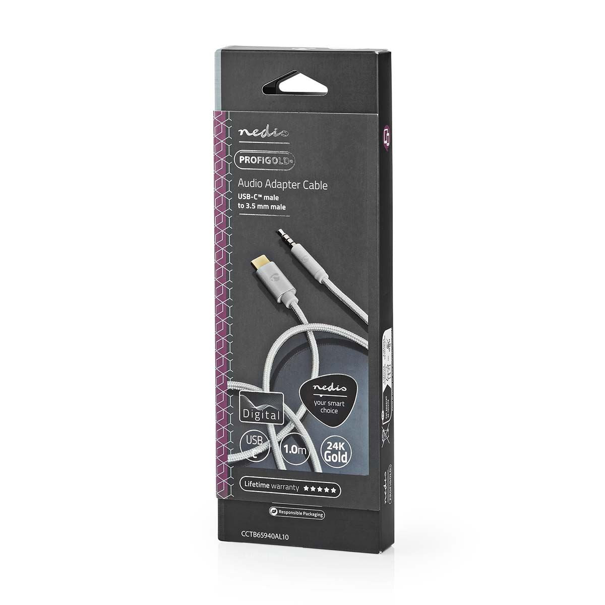 Nedis USB-C™ Adapter | USB 2.0 | USB-C™ Male | 3.5 mm Male | 1.00 m | Round | Gold Plated | Braided / Nylon | Aluminium | Cover Window Box