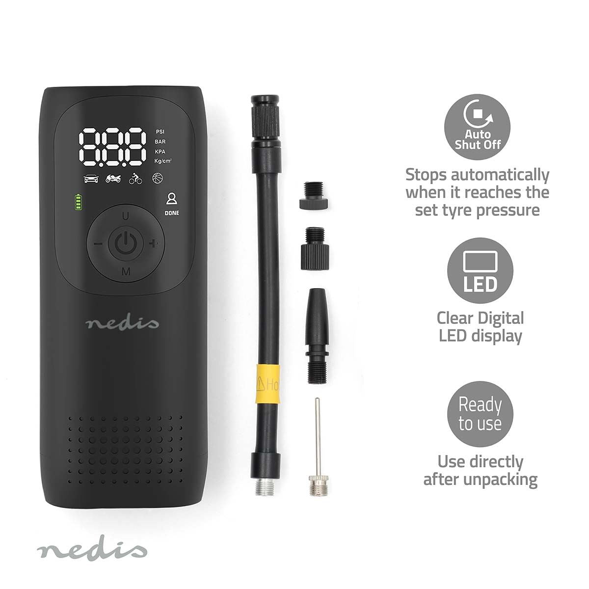 Nedis Portable Tyre Inflator, Rechargeable Air Compressor with Digital Display, LED Torch, 150 PSI Max Pressure, USB-C Charging, for Car, Bike, Motorcycle, Footballs, Inflatables & More