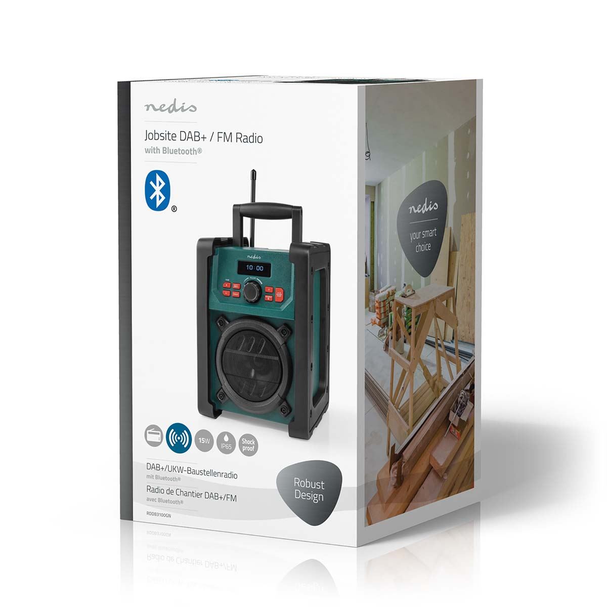Nedis DAB+ / FM Bluetooth Jobsite Radio, IP65 Waterproof, 40 Presets, Aux Input, Battery or Mains Powered