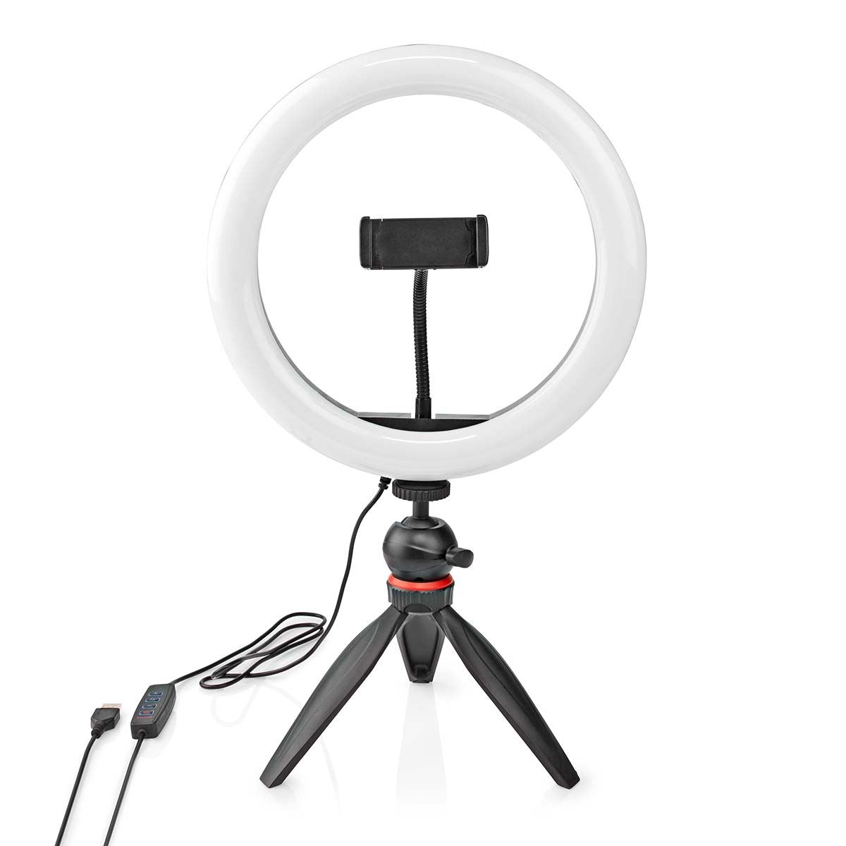 Nedis Ring Light, 10" LED Ring Lamp with 120 LEDs on Tripod Stand, USB Powered, with Flexible Phone Holder, 10 Light Modes