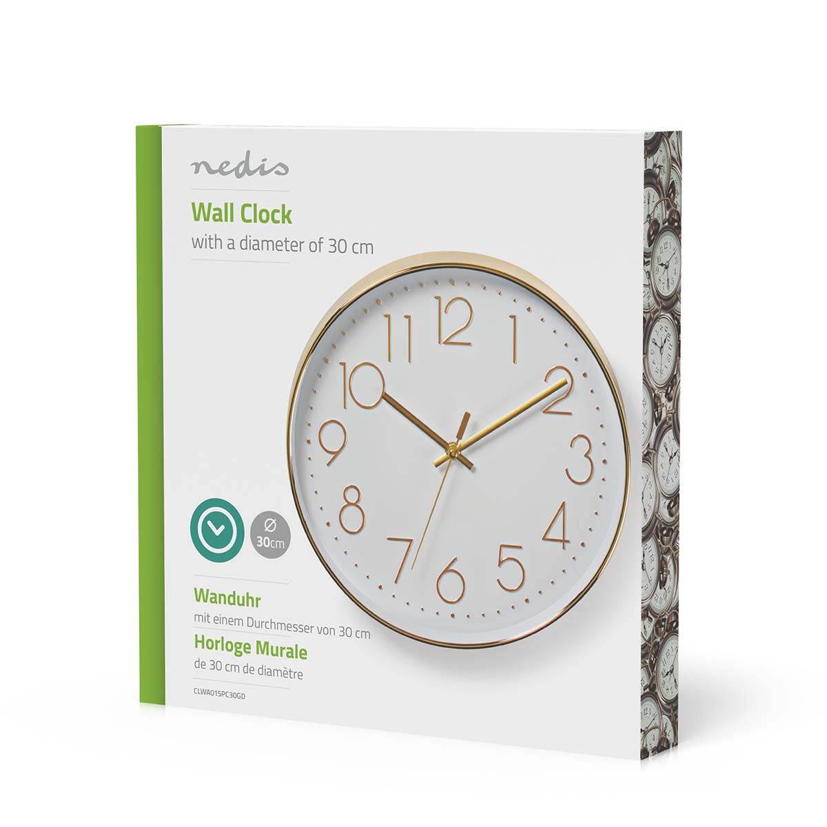 Nedis 30cm Wall Clock with Easy Read Numbers, Battery Powered - Gold  / White