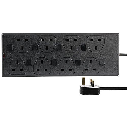 Engineering Socket Lead 8 Gang 2m Mains Extension Lead Socket Individually Switched 13A - Blac