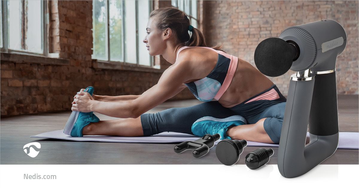 Nedis Sports Massage Gun, 6-Speed with 4 Attachments, Brushless Motor for Muscle Recovery & Relaxation, Triangular Handle, Rechargeable - Grey