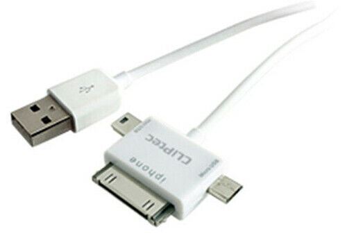 CLiPtec 3 in 1 USB Data/Charge Cable Old Type 30 Pin iPhone iPod iPad, Mini B & Micro B White 1m