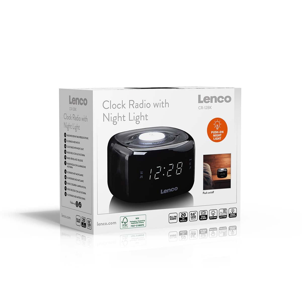 Lenco FM Alarm Clock Radio with Night Light | Black