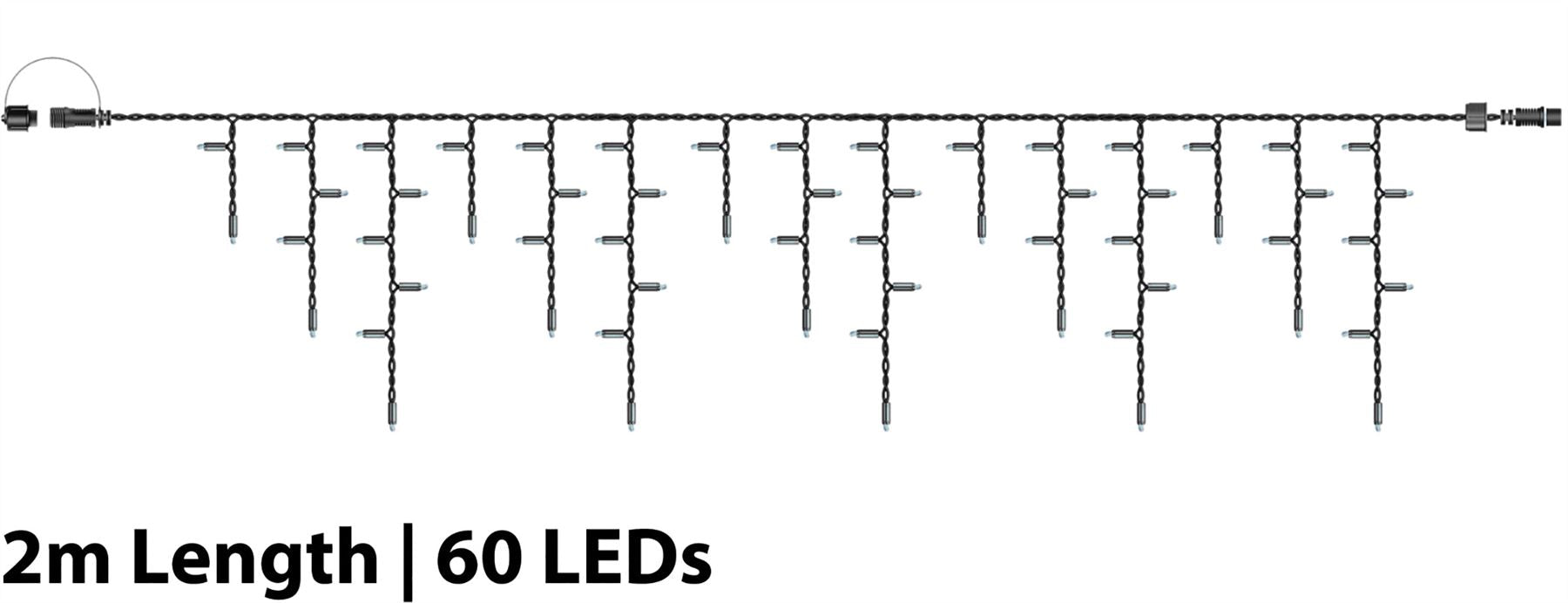 2m Easy-Connect Cool White 60 Icicle Lights Black Rubber With 60/40/20cm Drop with 10% Twinkle