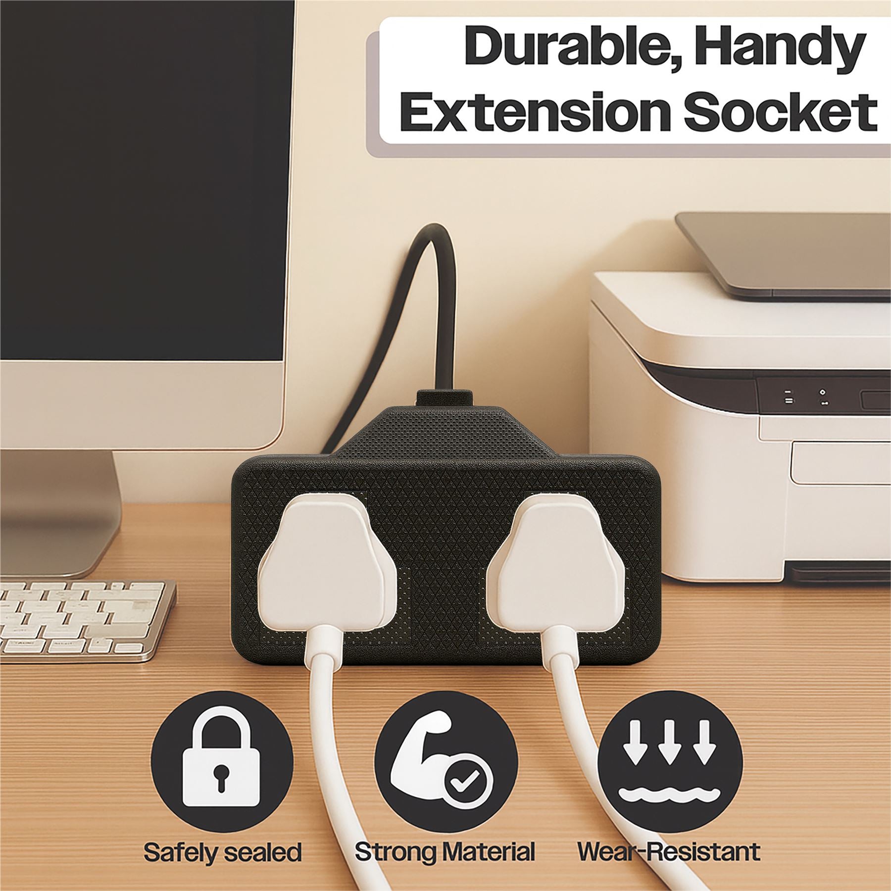 2 Gang High Impact Trailing Mains Powet Extension Socket, 13A - Black