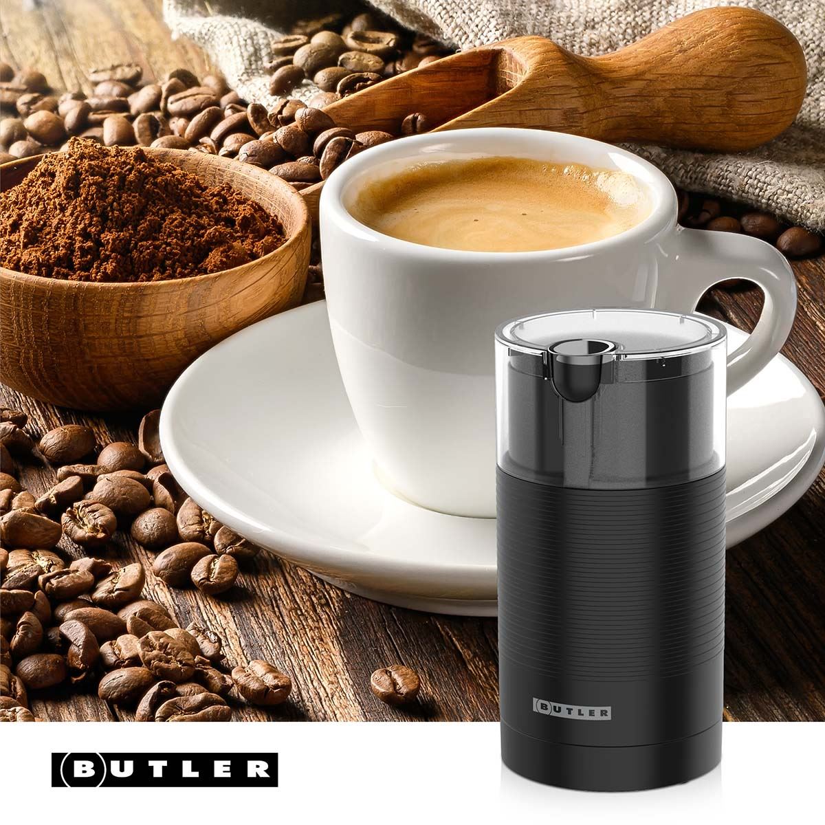 Butler Coffee Grinder Electric , Just Press for 30S to Enjoy Your Coffee, Manual Press Coffee Grinder with Safe Stainless Steel Blades, Fast Grinding for Coffee Beans, Pepper, Grain, Spice, Nuts