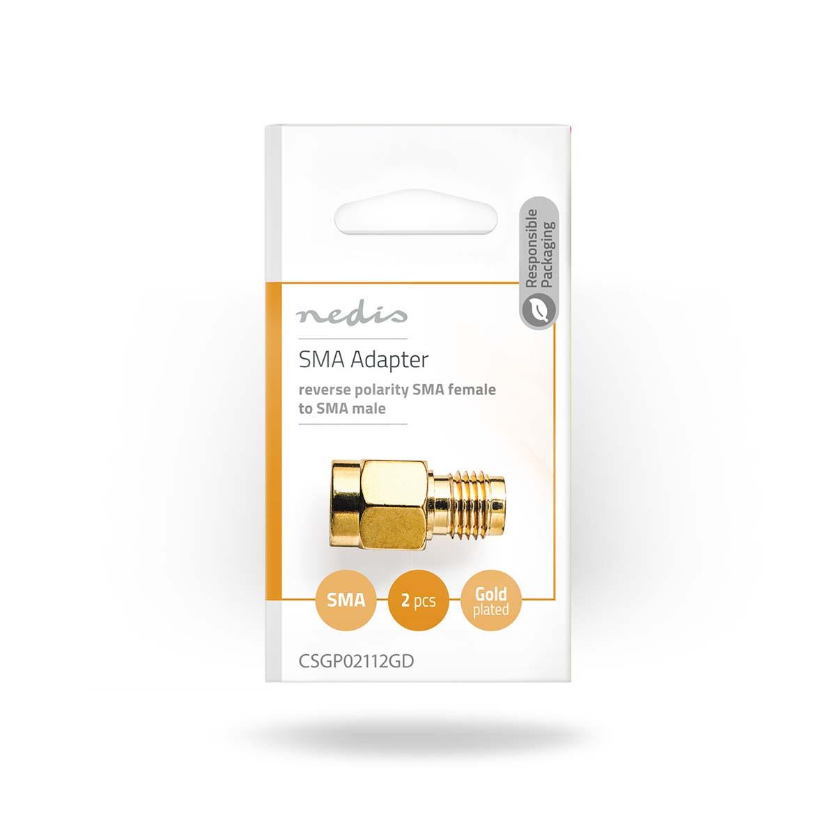 Nedis SMA Adapter | SMA Female Reverse Polarity | SMA Male | Gold Plated | 50 Ohm | Straight | Copper | Gold | 2 pcs | Box