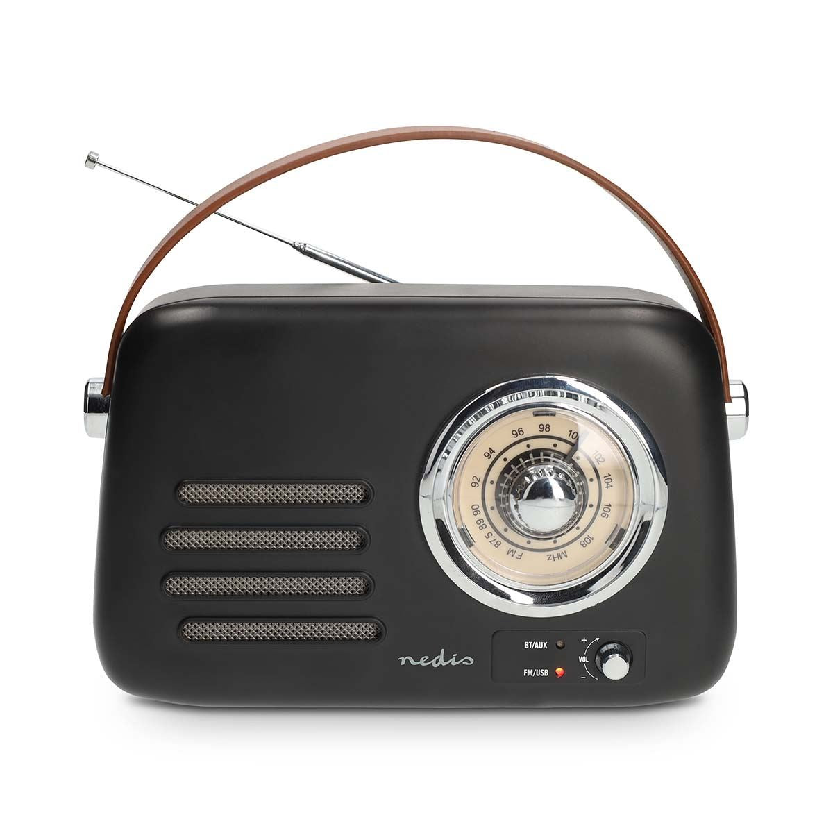 Nedis Retro FM Radio Bluetooth Portable Radio Speaker, USB Playback, AUX Input, Subwoofer Bass, Rechargeable Battery, USB-C