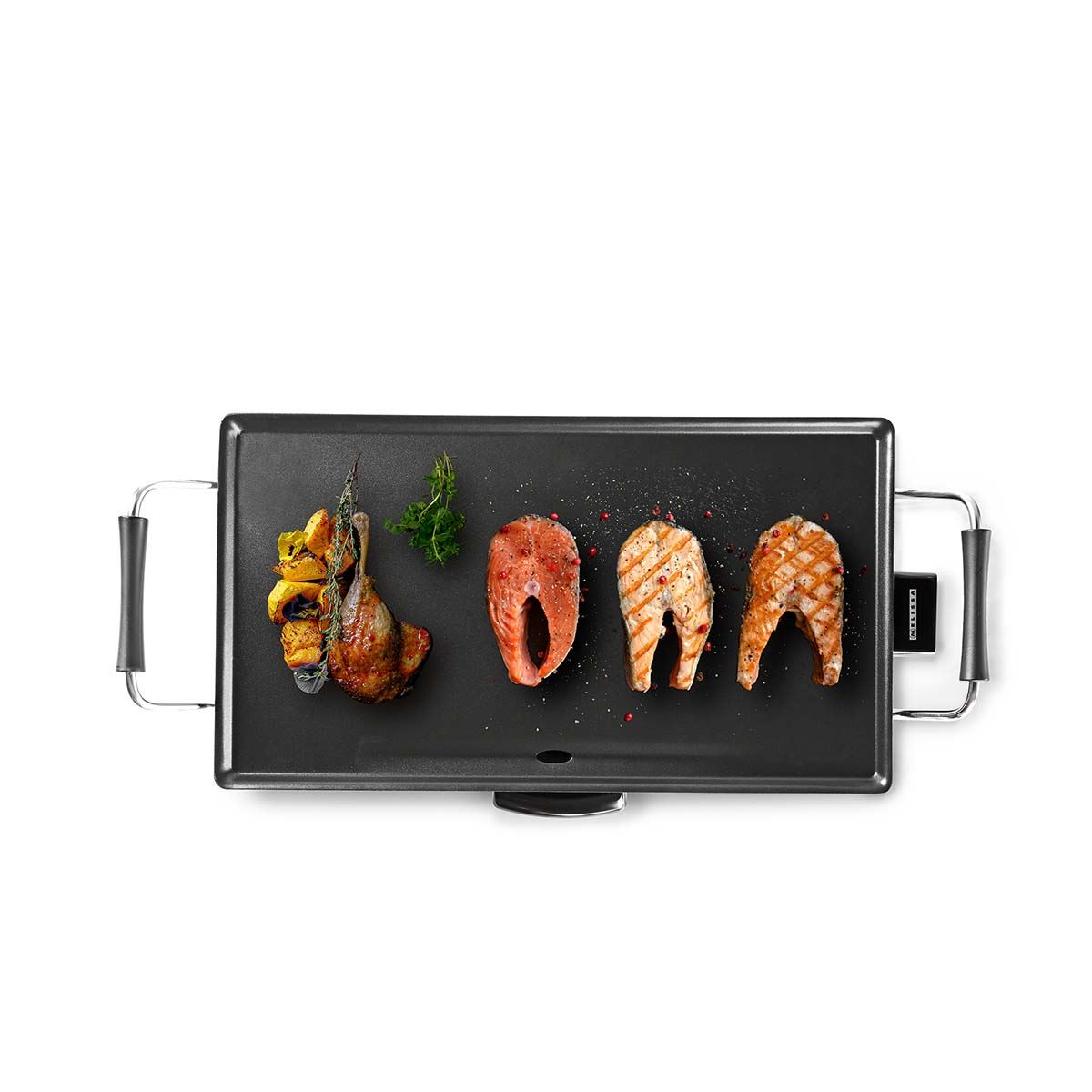 MELISSA Electric Teppanyaki Grill Plate, Large Non-Stick Table Top Griddle with 47.5cm x 26.5cm Hot Plate, Adjustable Temperature Control and Drip Tray, 2000W - Black