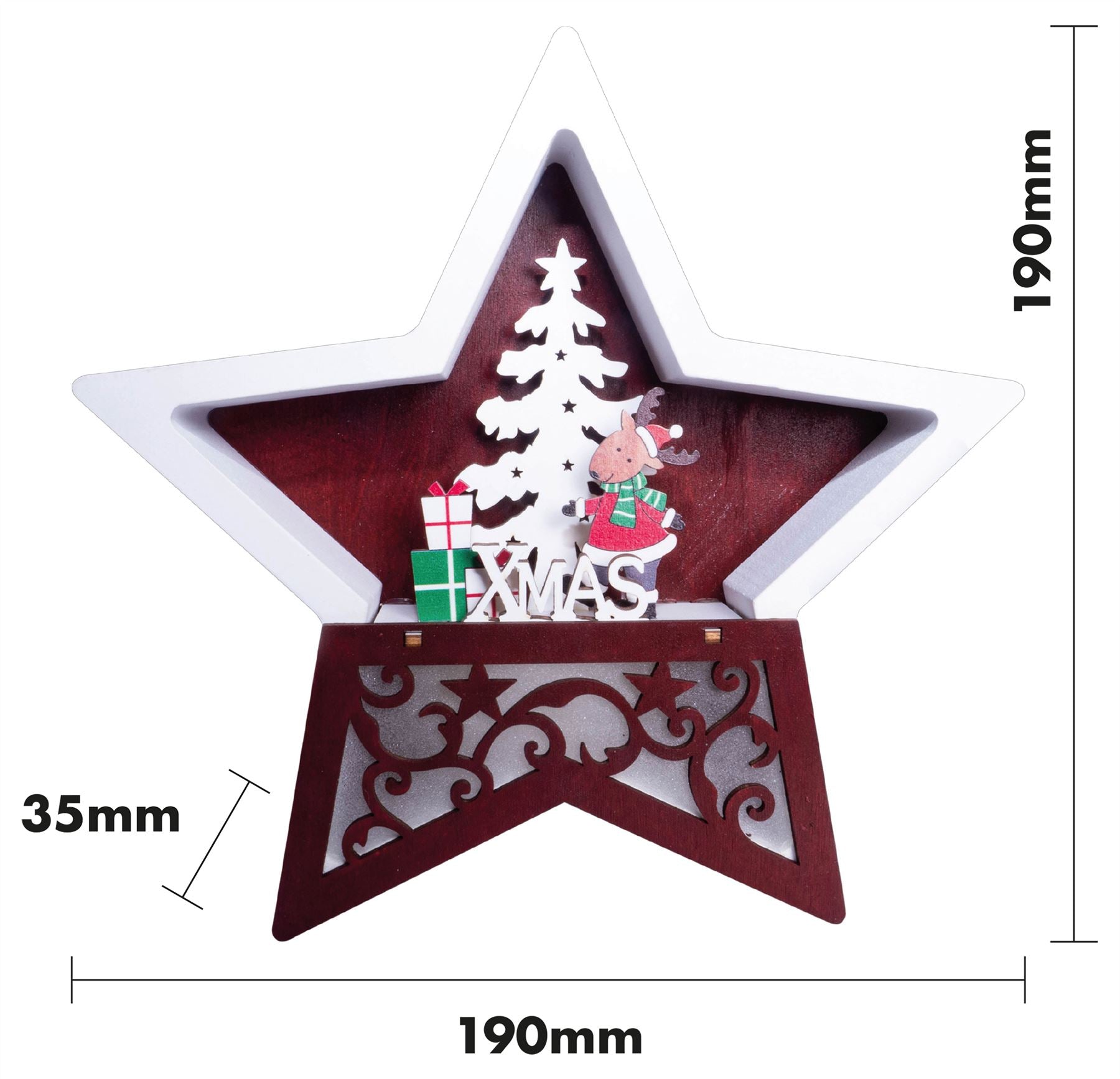 Wooden LED Light Up Christmas Star Decoration with Reindeer & Xmas Tree Battery Powered