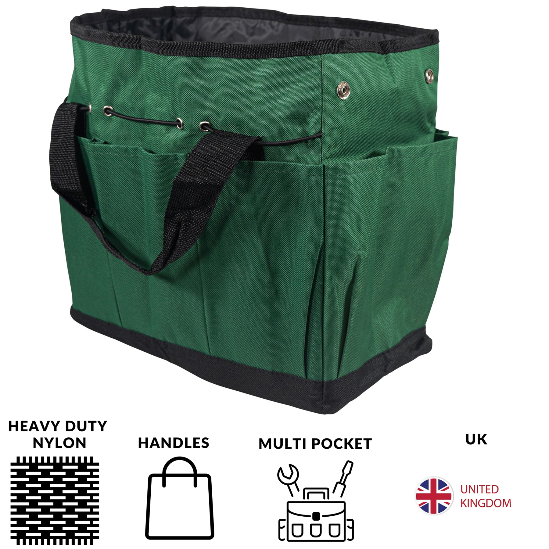 Nylon Mulit Pocket Tool Bag 14" 350mm Green, Heavy Duty Pullcord and Handles